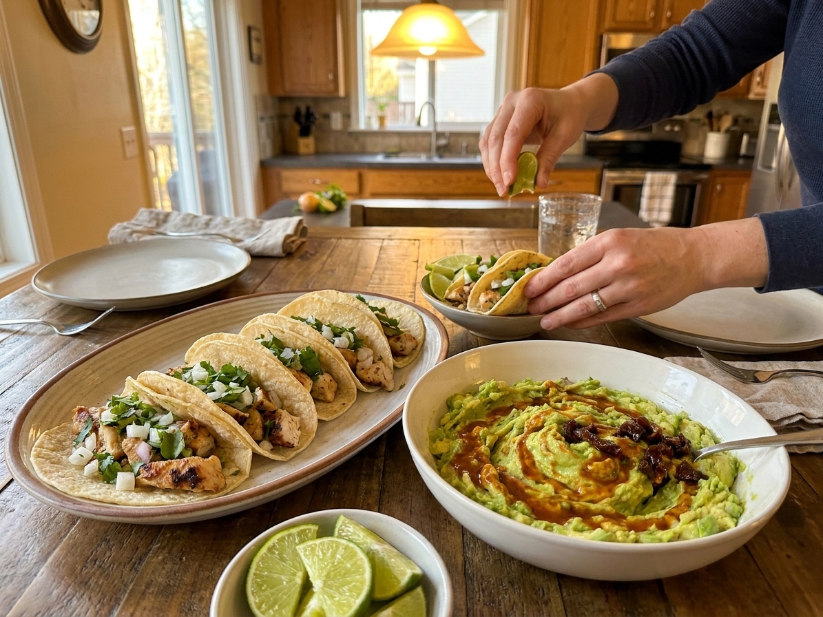 A casual weeknight table setting with a bowl of chipotle guacamole, tacos on a platter, and lime wedges on a wooden table under warm lighting