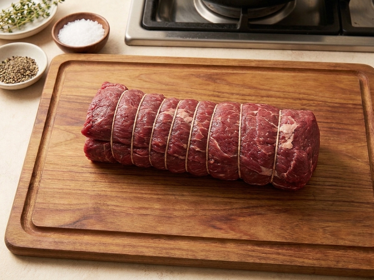 A center-cut beef tenderloin roast tied neatly with kitchen twine on a cutting board, ready for seasoning.
