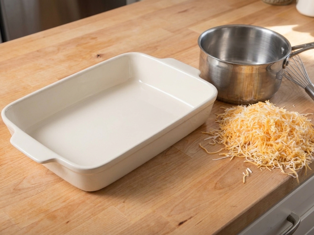 A ceramic 9x13 baking dish on a kitchen counter next to a whisk, saucepan, and shredded cheese ready for assembling mac and cheese