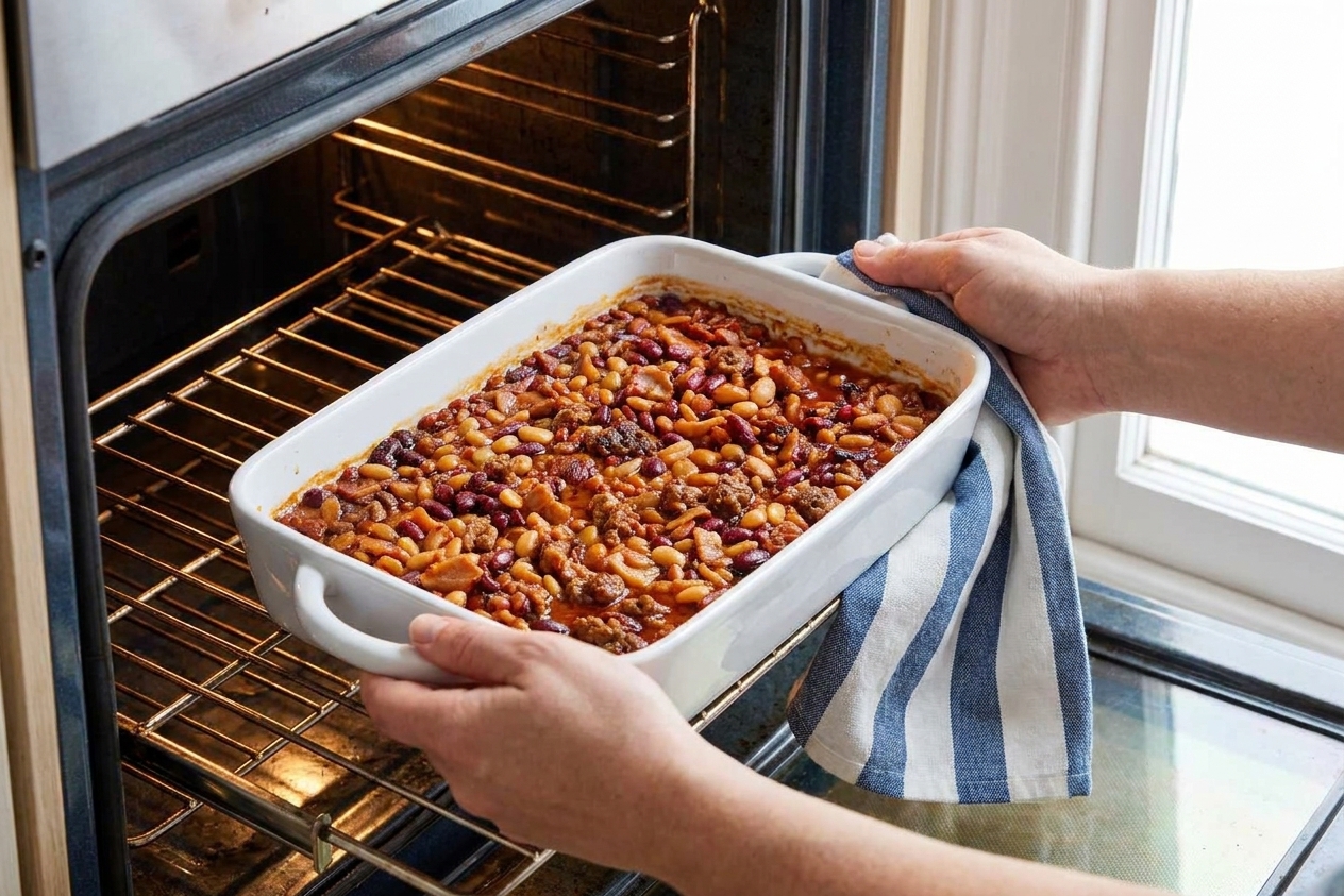 A ceramic baking dish filled with calico beans being placed into an oven, with the sauce glossy and beans visible
