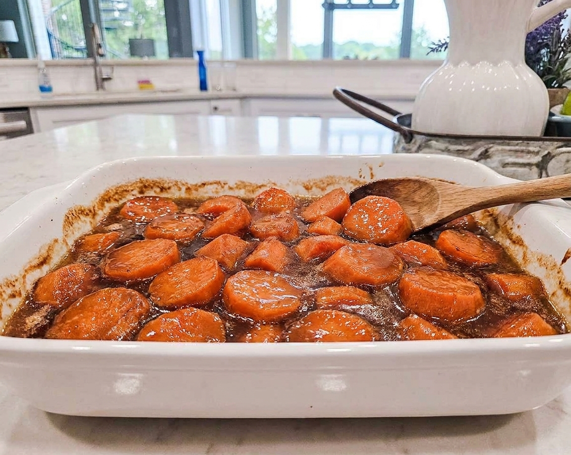 A ceramic baking dish filled with glossy candied canned yams in a brown sugar butter glaze, lightly browned at the edges, on a warm-toned kitchen counter