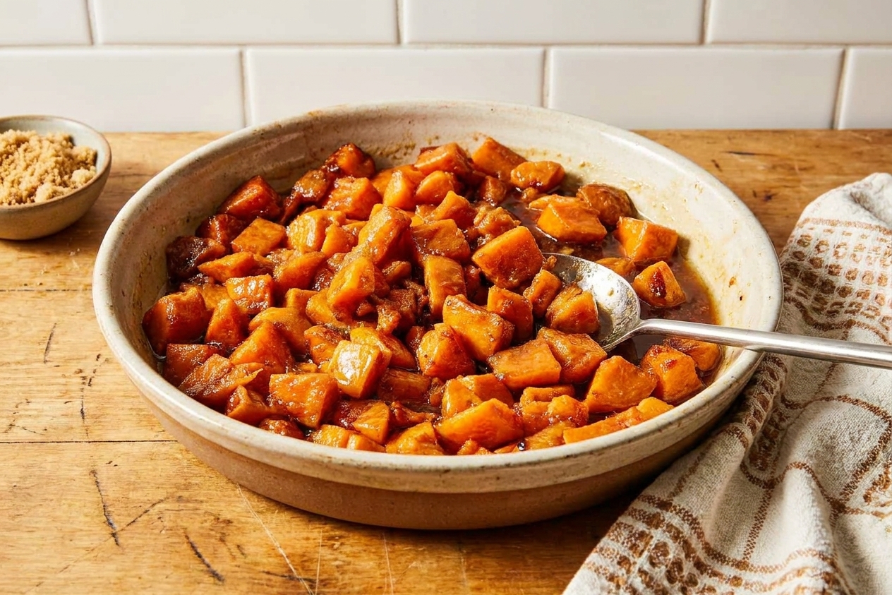 A ceramic baking dish filled with glossy candied yams, caramelized edges, and a shiny brown sugar butter glaze on a warm kitchen counter