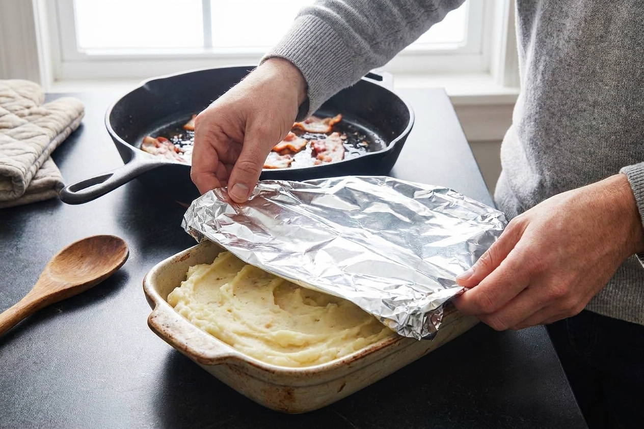 A ceramic baking dish filled with mashed potatoes being covered with aluminum foil on a kitchen counter, ready to reheat in the oven