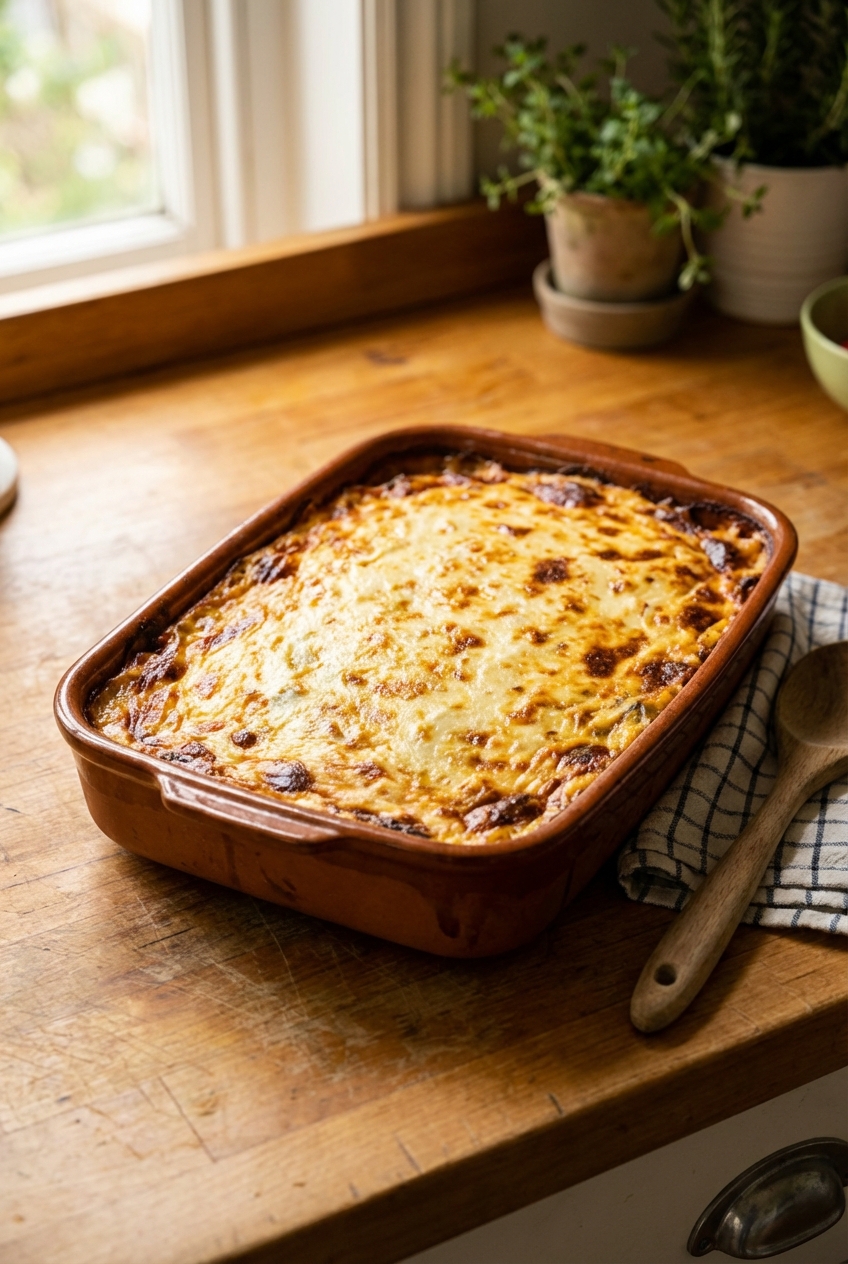 A ceramic baking dish filled with moussaka, topped with browned béchamel and resting on a wooden countertop