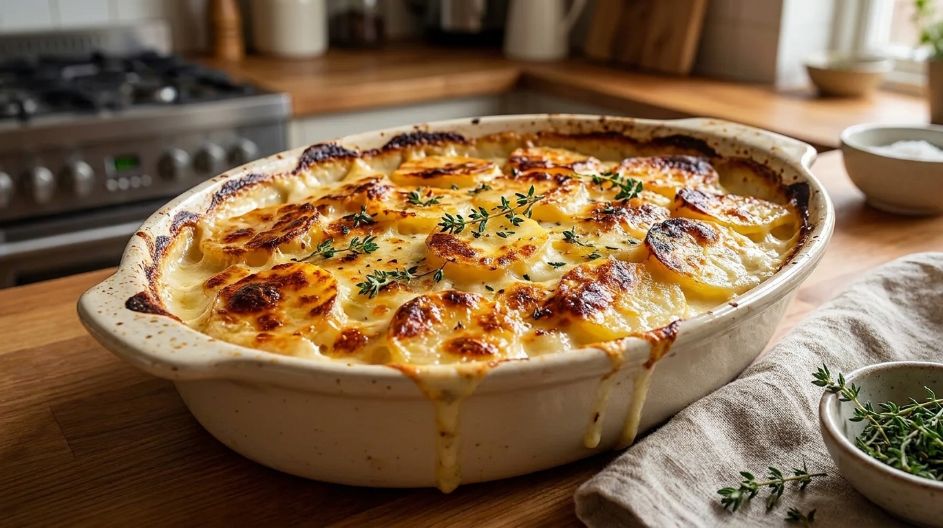 A ceramic baking dish filled with potato dauphinoise, showing a golden brown top with bubbling cream around the edges on a warm kitchen counter