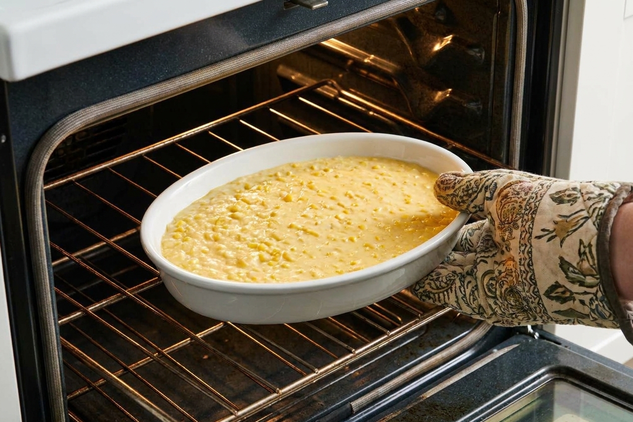 A ceramic baking dish filled with unbaked corn soufflé casserole batter being placed onto an oven rack