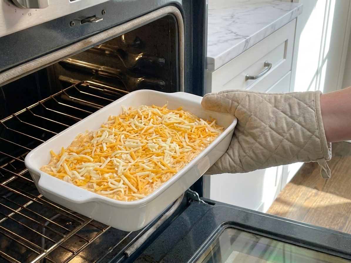 A ceramic baking dish of buffalo chicken dip going into an oven, topped with shredded cheese ready to melt
