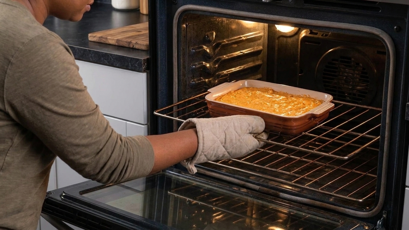 A ceramic baking dish of buffalo chicken dip going into a preheated oven on the center rack