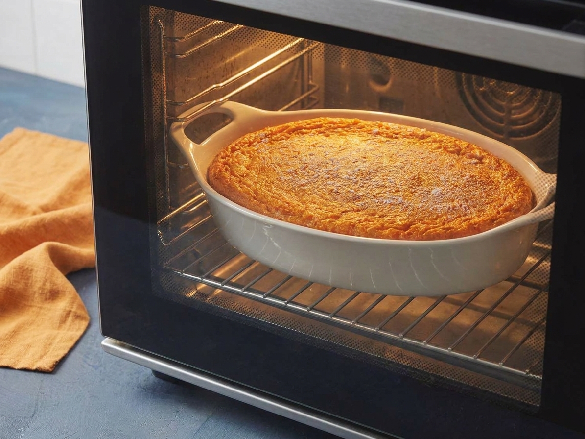 A ceramic baking dish of carrot soufflé baking in the oven, golden on top with slightly puffed edges