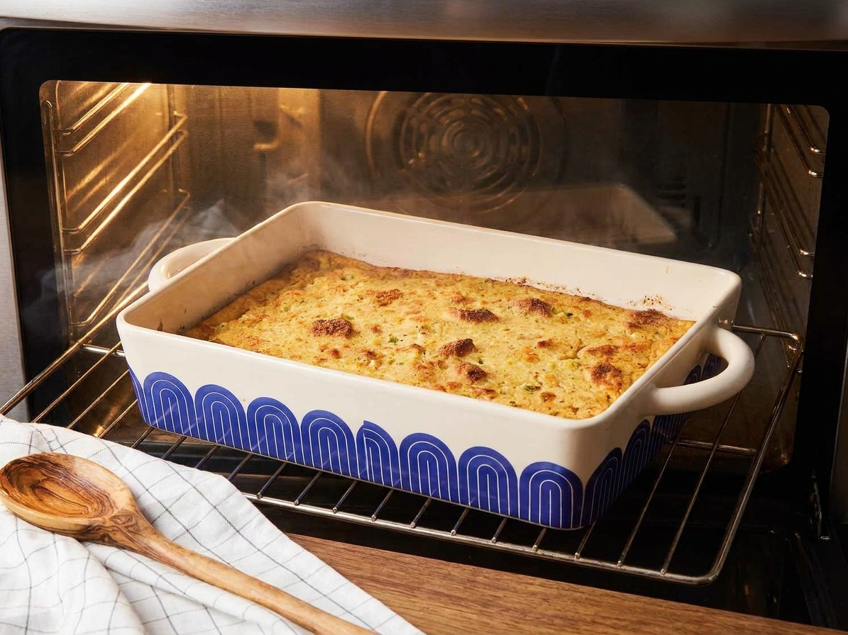 A ceramic baking dish of chicken dressing baking in an oven with the top beginning to turn golden