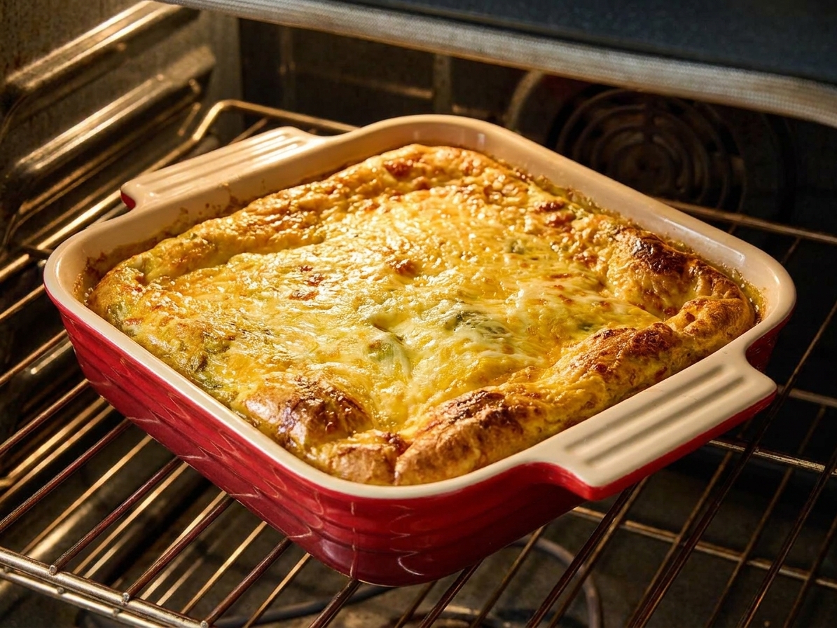A ceramic baking dish of chili relleno casserole on an oven rack, batter puffed and lightly browned at the edges