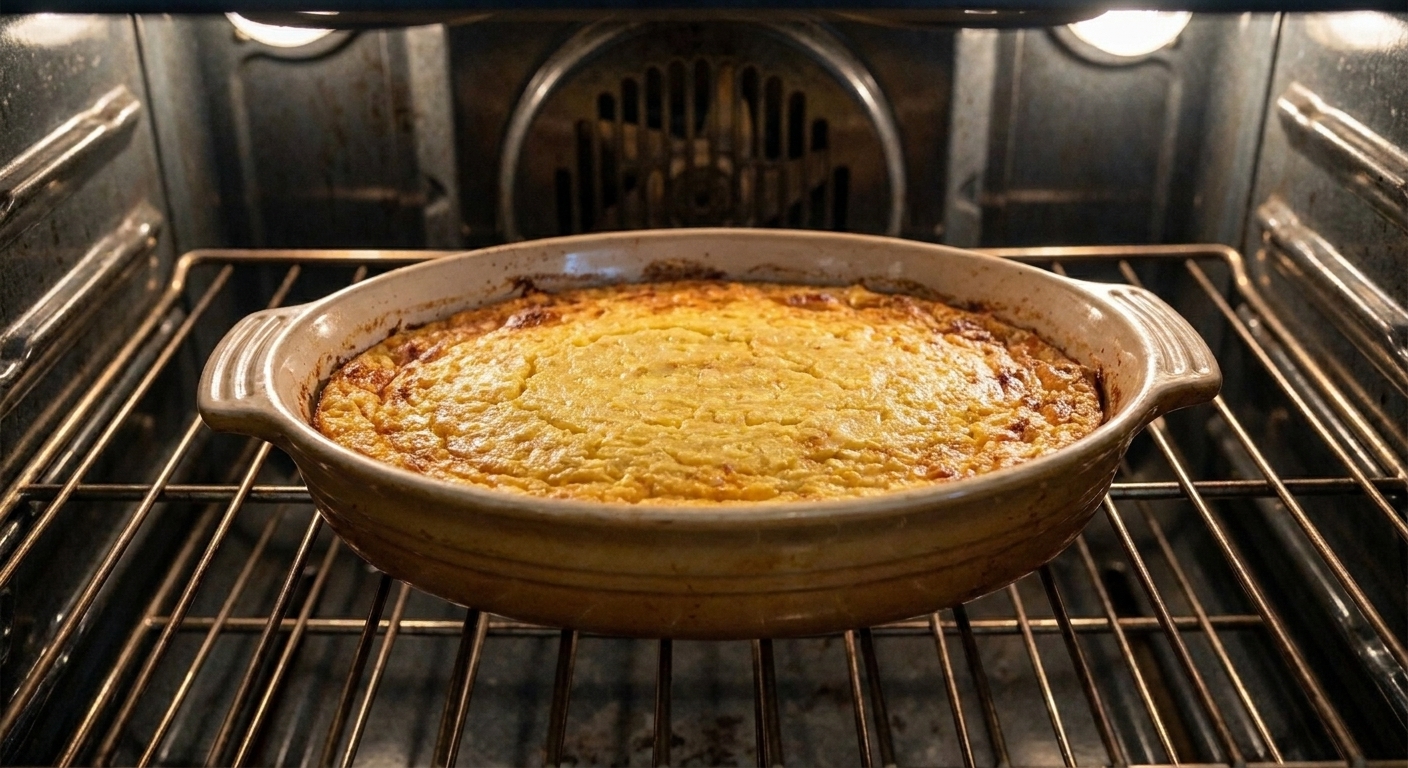 A ceramic baking dish of corn pudding on an oven rack as it bakes, with the top turning lightly golden