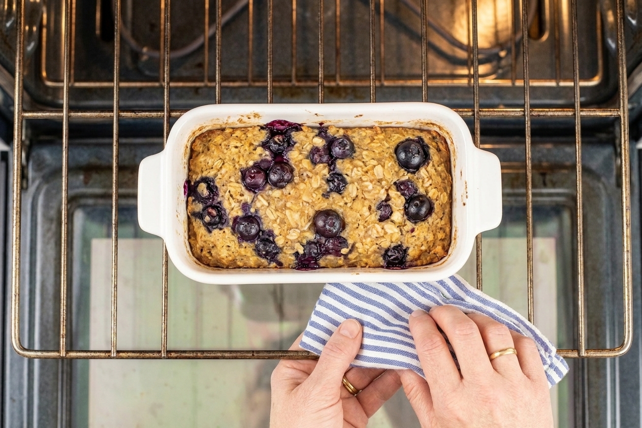 A ceramic baking dish of oatmeal bake on an oven rack with the top lightly browned and blueberries visible