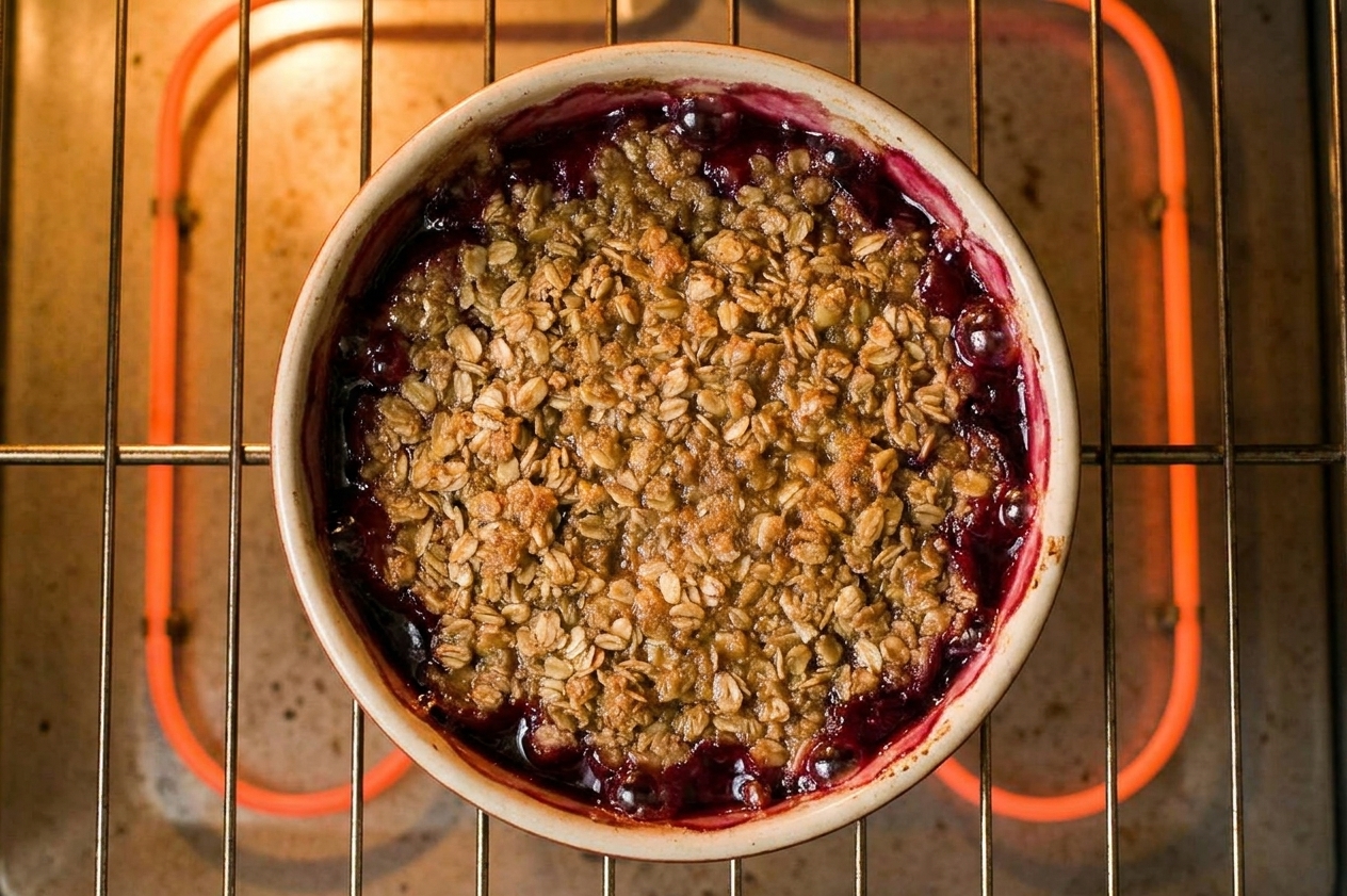 A ceramic baking dish of plum crisp on an oven rack with the topping turning golden and fruit bubbling at the edges