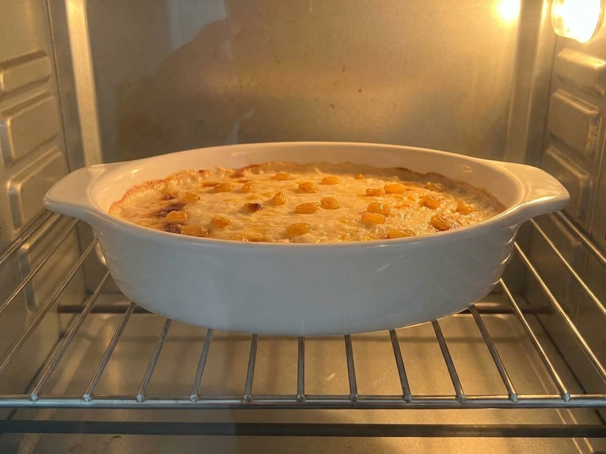 A ceramic baking dish of rice pudding on an oven rack, with the custard beginning to set and the surface turning pale golden