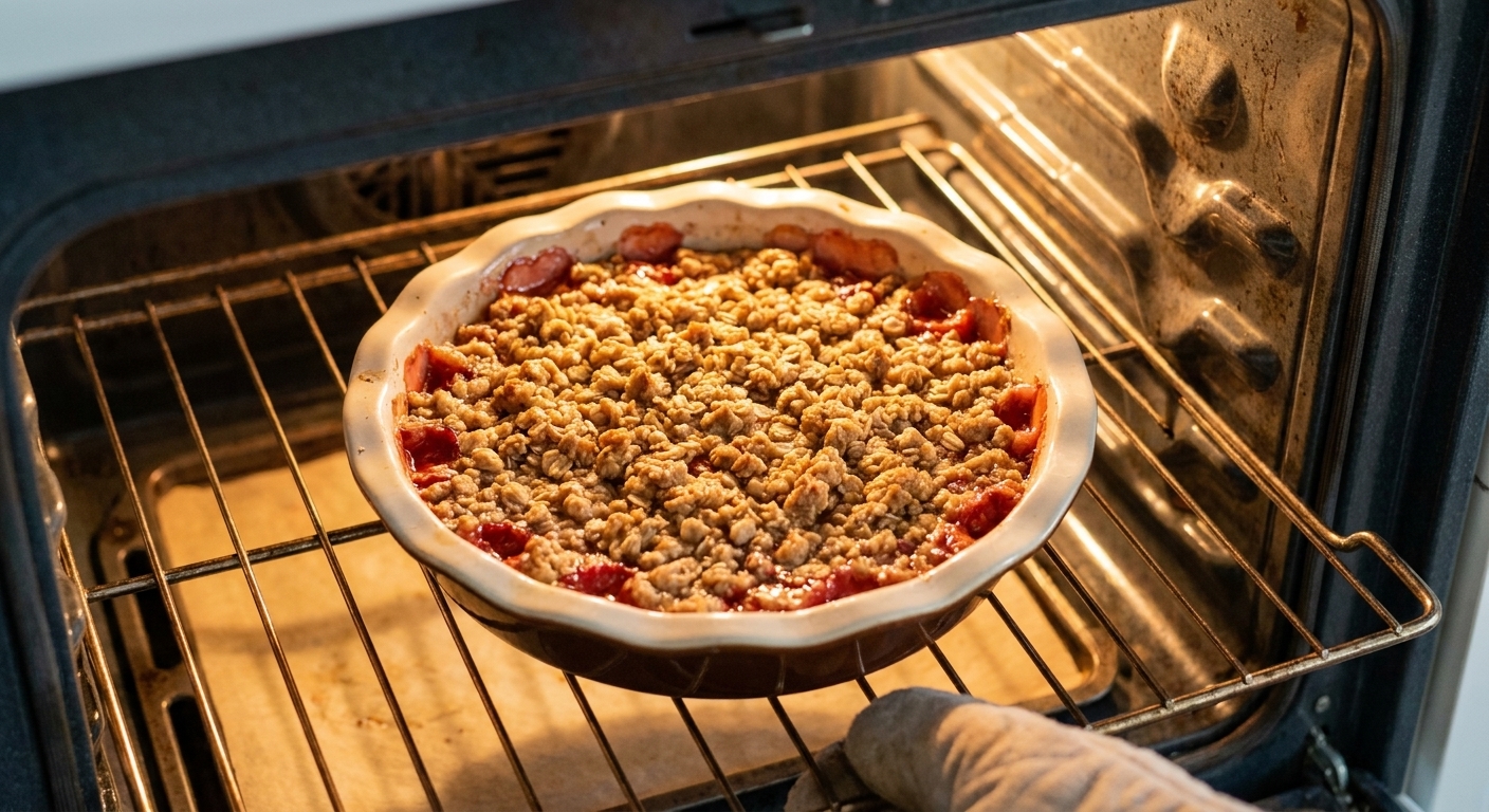 A ceramic baking dish of strawberry rhubarb crisp baking on an oven rack with the topping turning golden