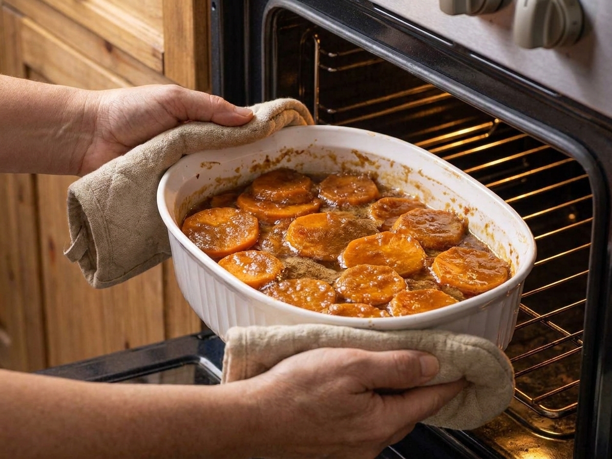 A ceramic baking dish of sweet potatoes in brown sugar butter glaze being placed into an oven, warm kitchen lighting