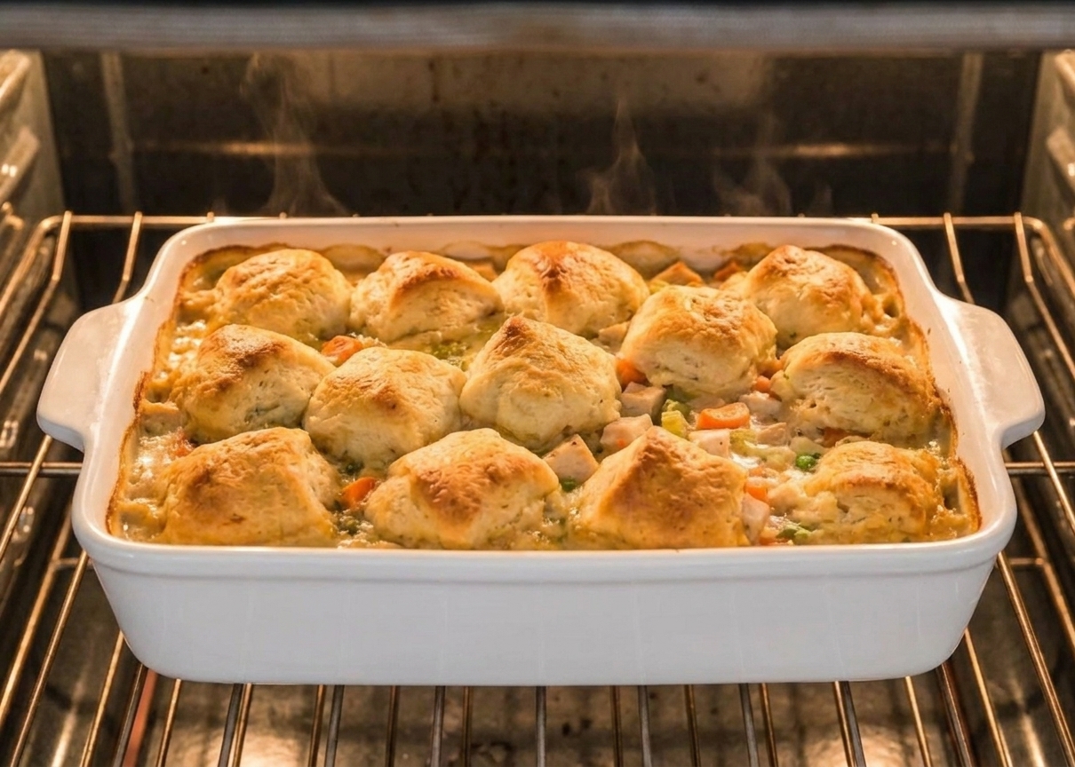 A ceramic baking dish on an oven rack with dumplings baking on top of bubbling creamy chicken filling, dumplings beginning to brown