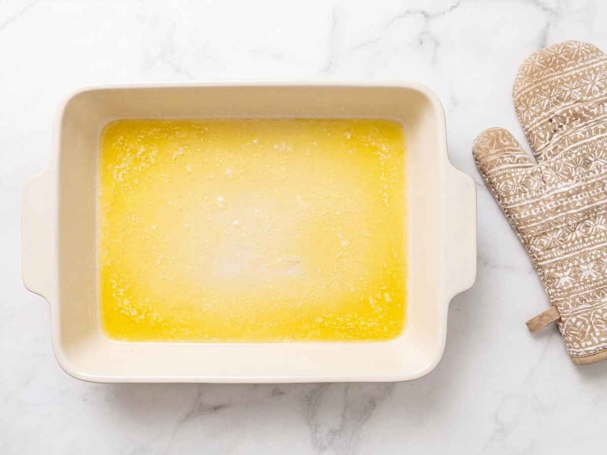 A ceramic baking dish with melted butter pooled across the bottom sitting on a kitchen counter next to oven mitts