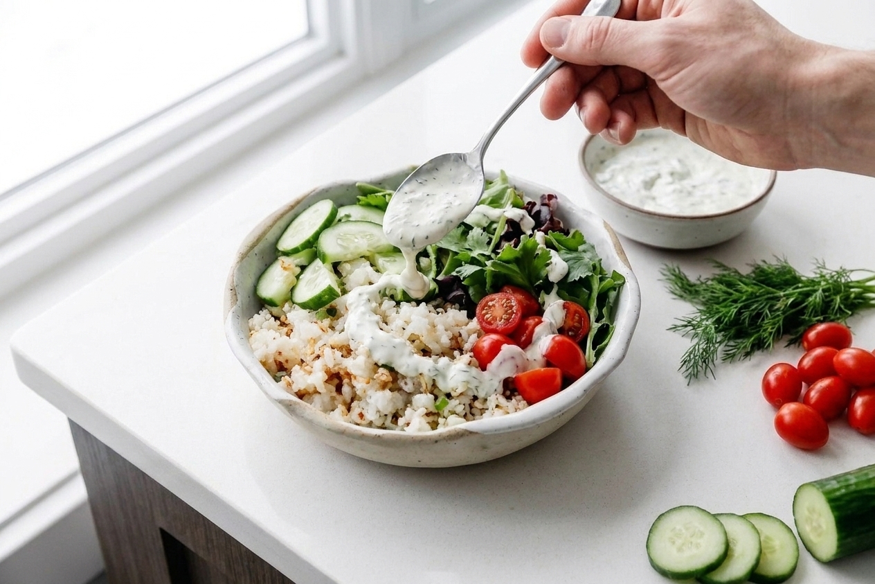 A ceramic bowl being assembled with cauliflower rice, cucumber, tomatoes, greens, and a drizzle of yogurt dill sauce