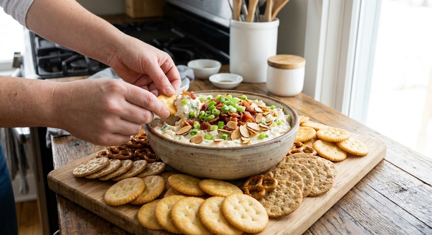 A ceramic bowl filled with creamy Million Dollar Dip topped with sliced green onions, crumbled bacon, and toasted almonds, surrounded by crackers on a wooden table in a bright home kitchen