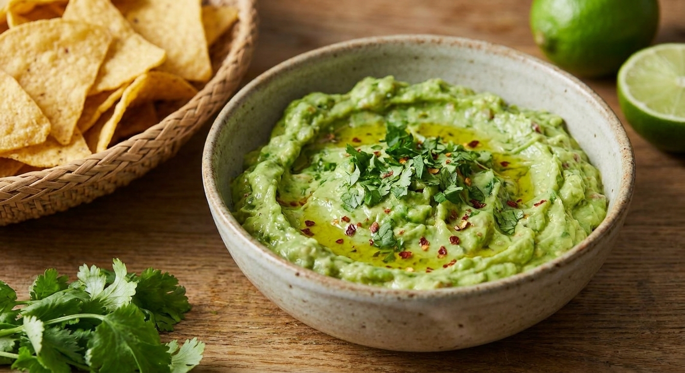 A ceramic bowl filled with creamy avocado dip topped with chopped cilantro, a drizzle of olive oil, and a pinch of red pepper flakes on a kitchen counter with tortilla chips nearby