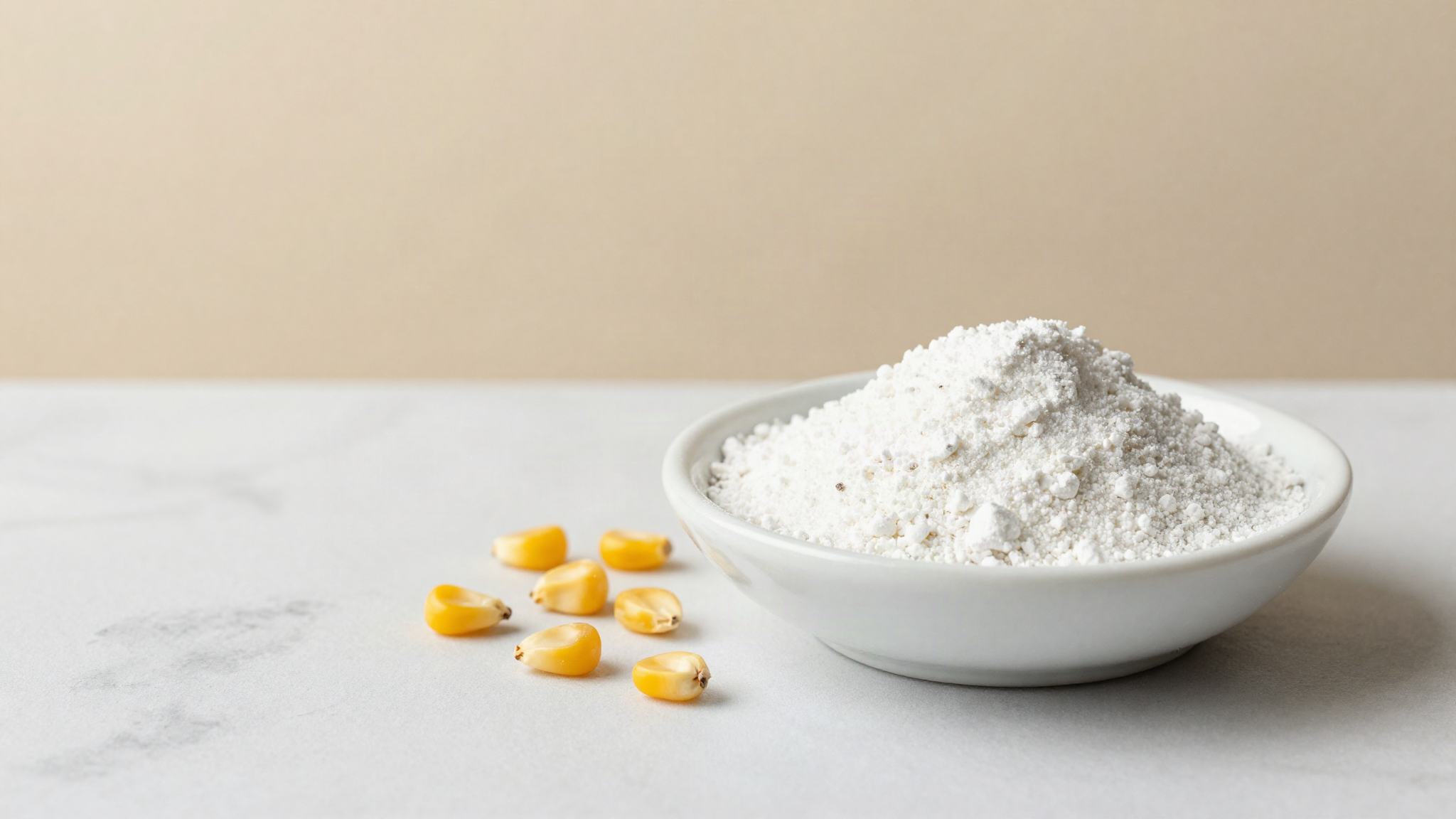 A ceramic bowl filled with fine white maize flour on a wooden counter next to a measuring cup and a pot