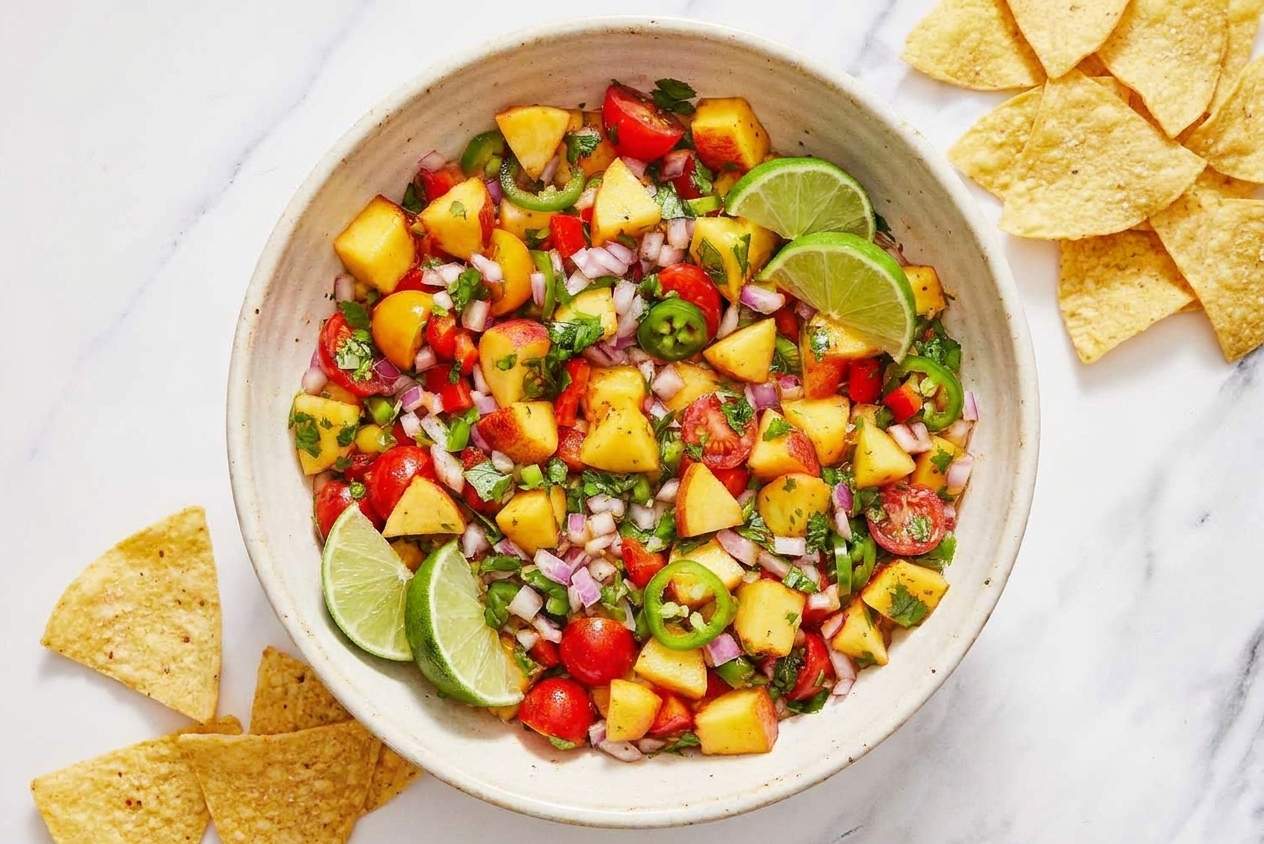 A ceramic bowl filled with fresh peach salsa with diced peaches, red onion, jalapeño, cilantro, and lime wedges on a bright kitchen counter