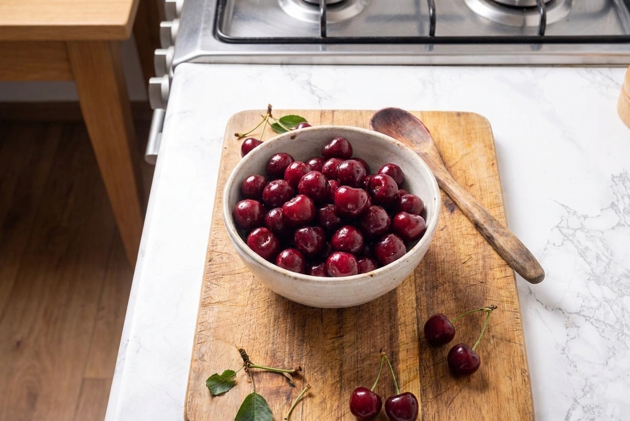 A ceramic bowl filled with fresh sweet cherries on a wooden cutting board in a bright kitchen