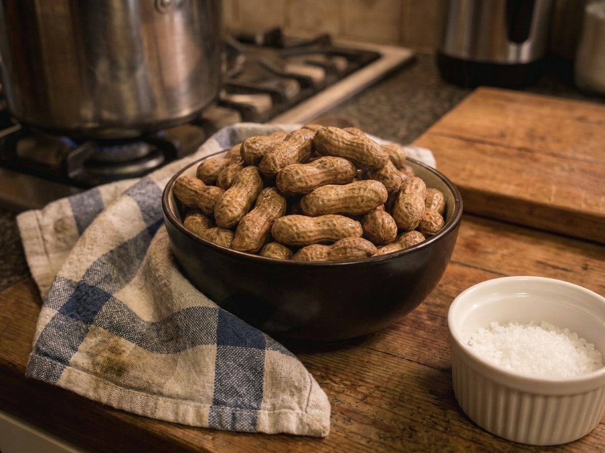 A ceramic bowl filled with freshly cooked boiled peanuts with a damp kitchen towel nearby, ready to serve