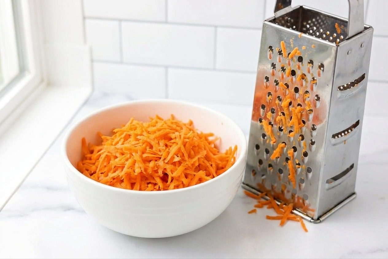 A ceramic bowl filled with freshly grated carrots on a kitchen counter next to a box grater