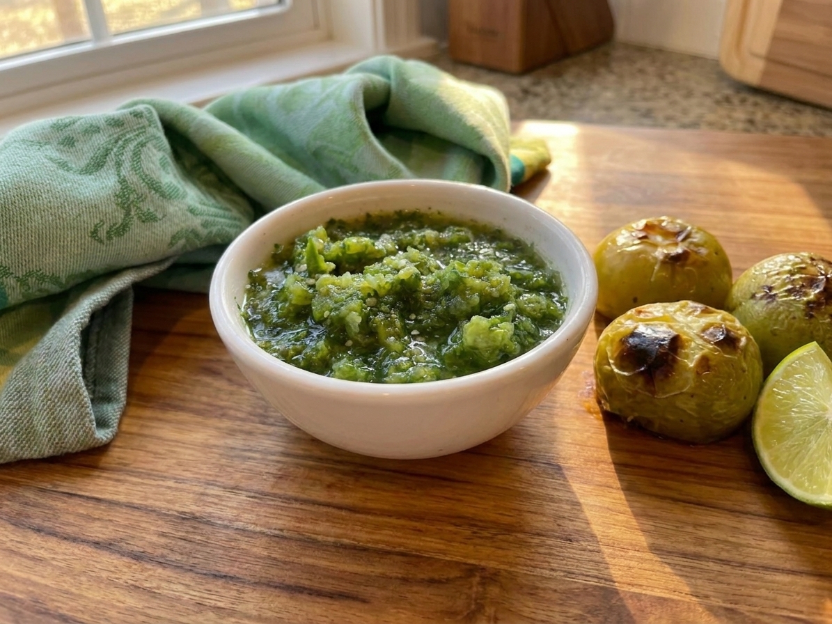 A ceramic bowl filled with glossy salsa verde, with roasted tomatillos and a lime wedge on a wooden cutting board in a warm, sunlit kitchen