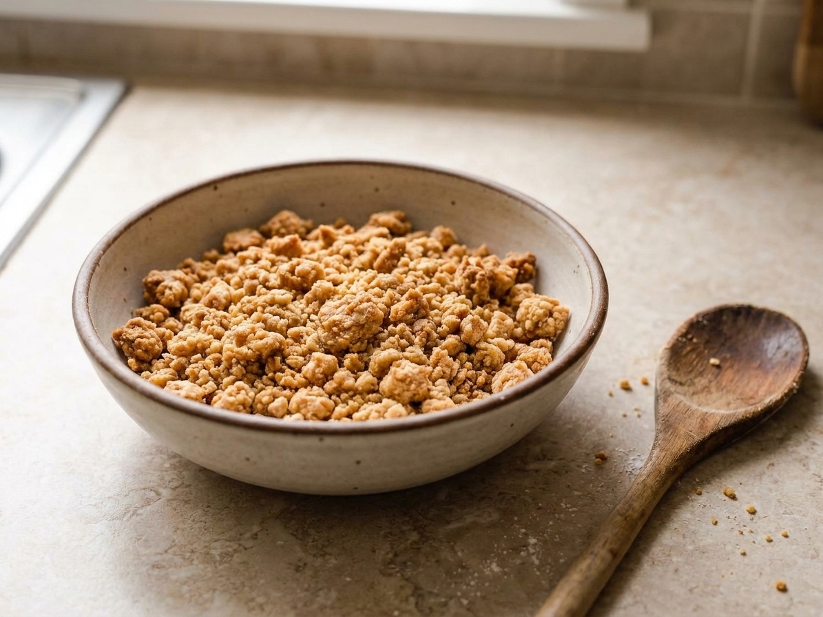 A ceramic bowl filled with golden brown crumble topping clusters on a light kitchen counter with a wooden spoon nearby