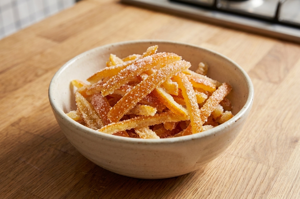 A ceramic bowl filled with sugar-coated candied orange peel strips on a warm-toned kitchen counter with soft natural light