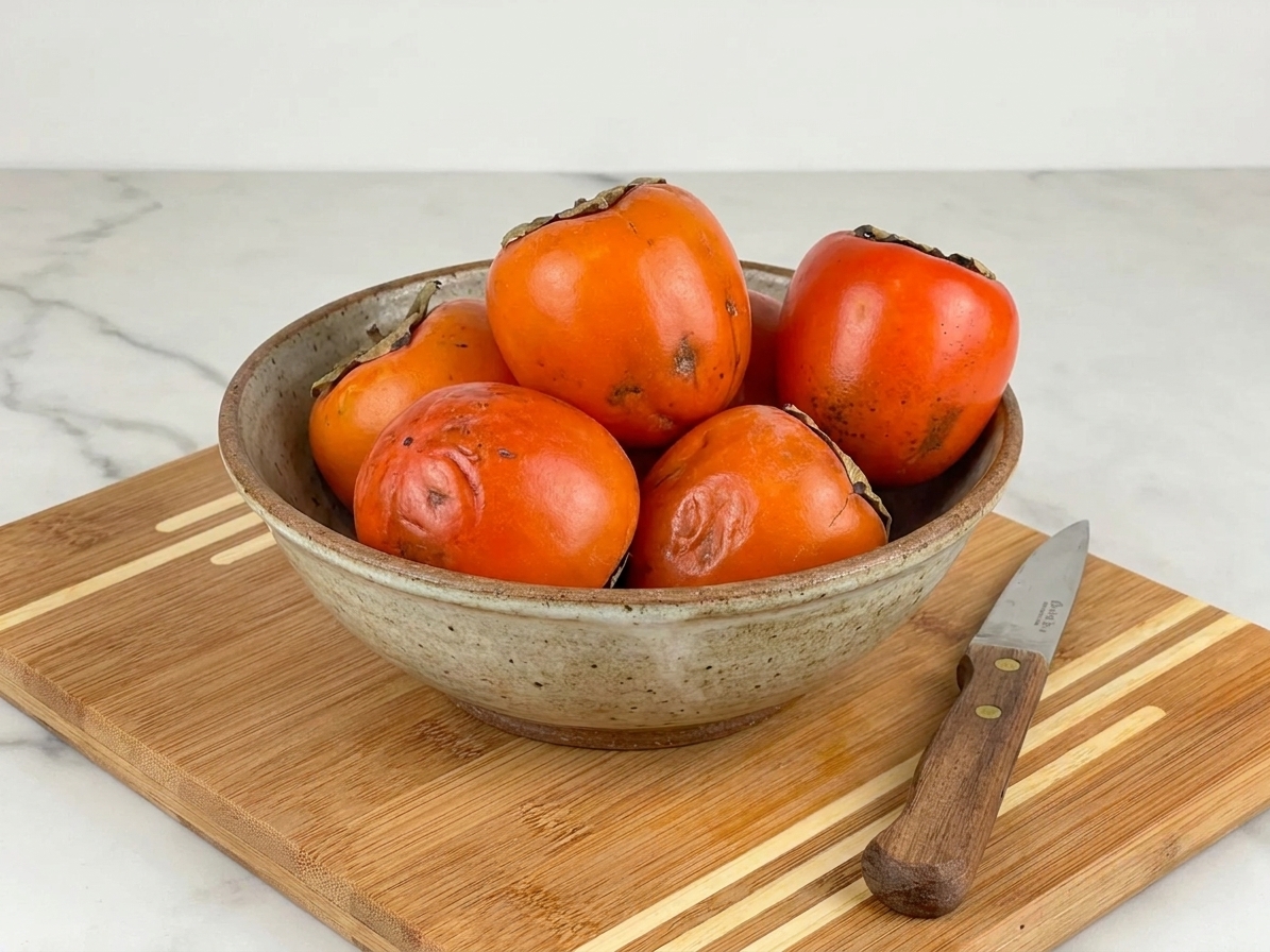 A ceramic bowl filled with very ripe hachiya persimmons on a kitchen counter next to a small paring knife