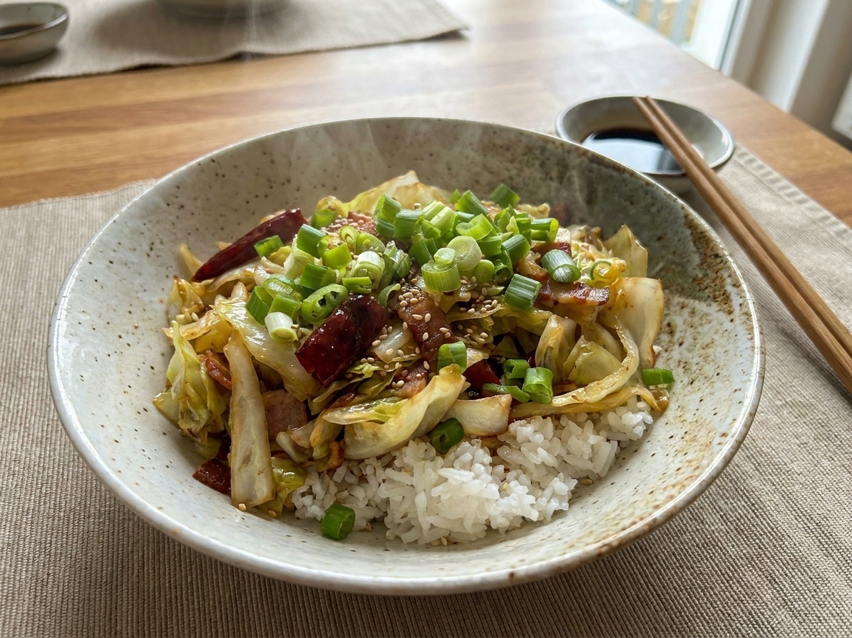 A ceramic bowl of Asian cabbage stir-fry served over steamed rice, topped with scallions and sesame seeds on a simple dinner table setting