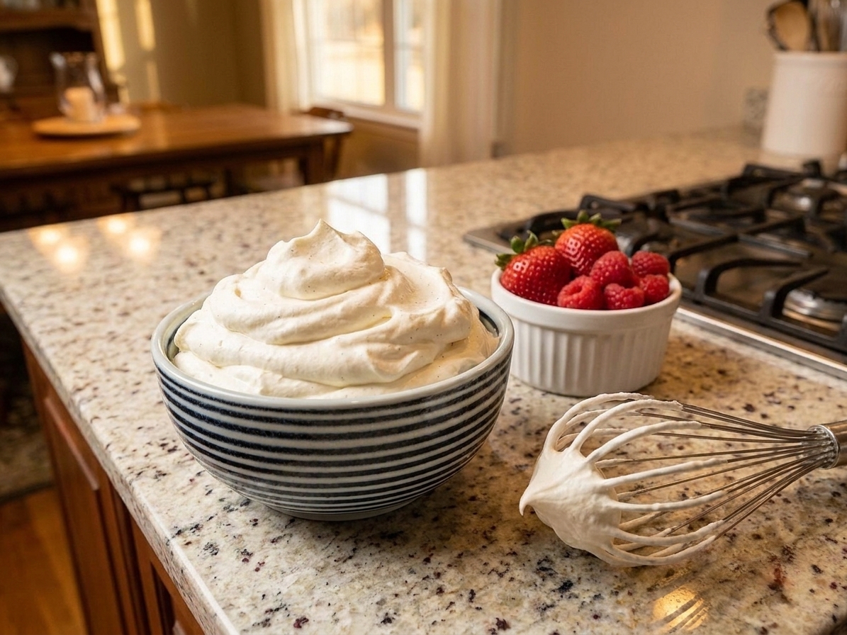 A ceramic bowl of Chantilly cream with soft swoops and vanilla bean specks on a bright kitchen counter, with a whisk and fresh berries nearby