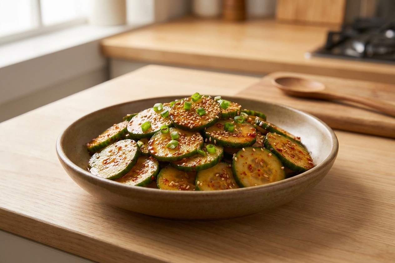 A ceramic bowl of Korean cucumber salad with glossy cucumber slices, sesame seeds, and scallions on a light kitchen counter with soft natural window light