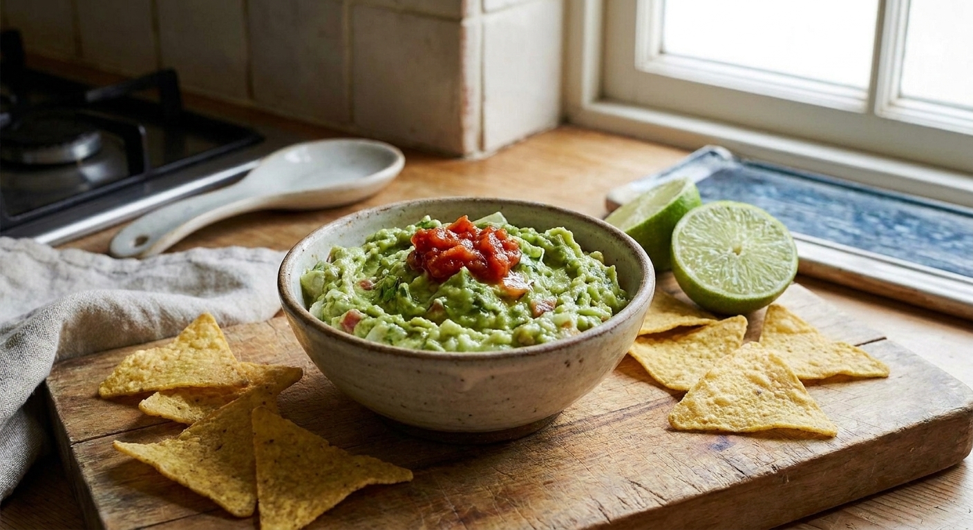 A ceramic bowl of chunky guacamole topped with a small spoonful of salsa, surrounded by tortilla chips on a warm-toned kitchen counter in natural light
