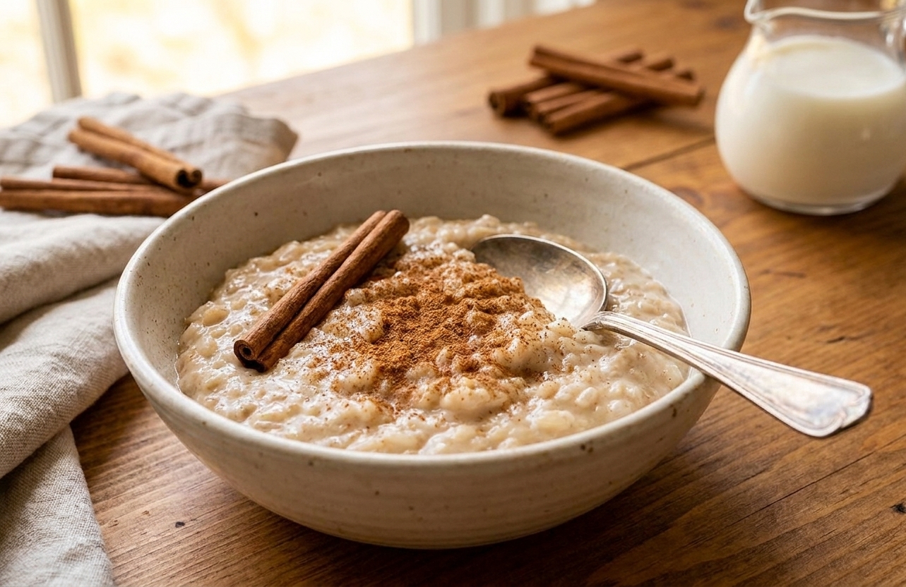 A ceramic bowl of creamy arroz con leche topped with ground cinnamon and a cinnamon stick on a warm-toned kitchen table
