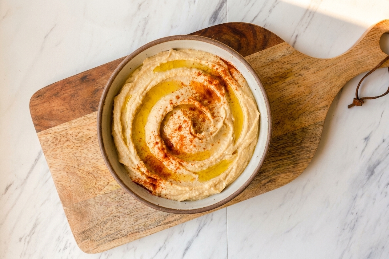 A ceramic bowl of creamy hummus swirled with olive oil and sprinkled with paprika on a light stone countertop with warm natural light