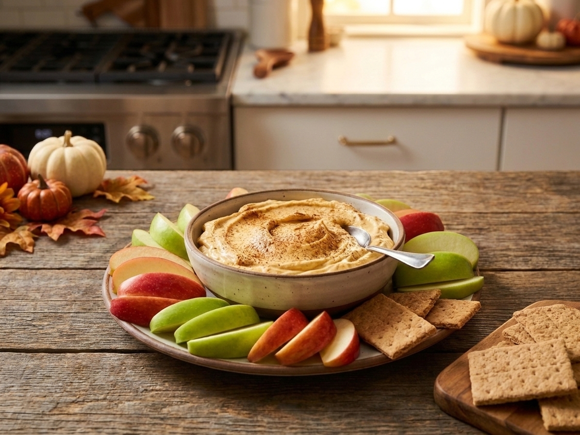 A ceramic bowl of creamy pumpkin dip swirled on top and sprinkled with cinnamon, set on a wooden table with apple slices and graham crackers nearby in warm natural kitchen light