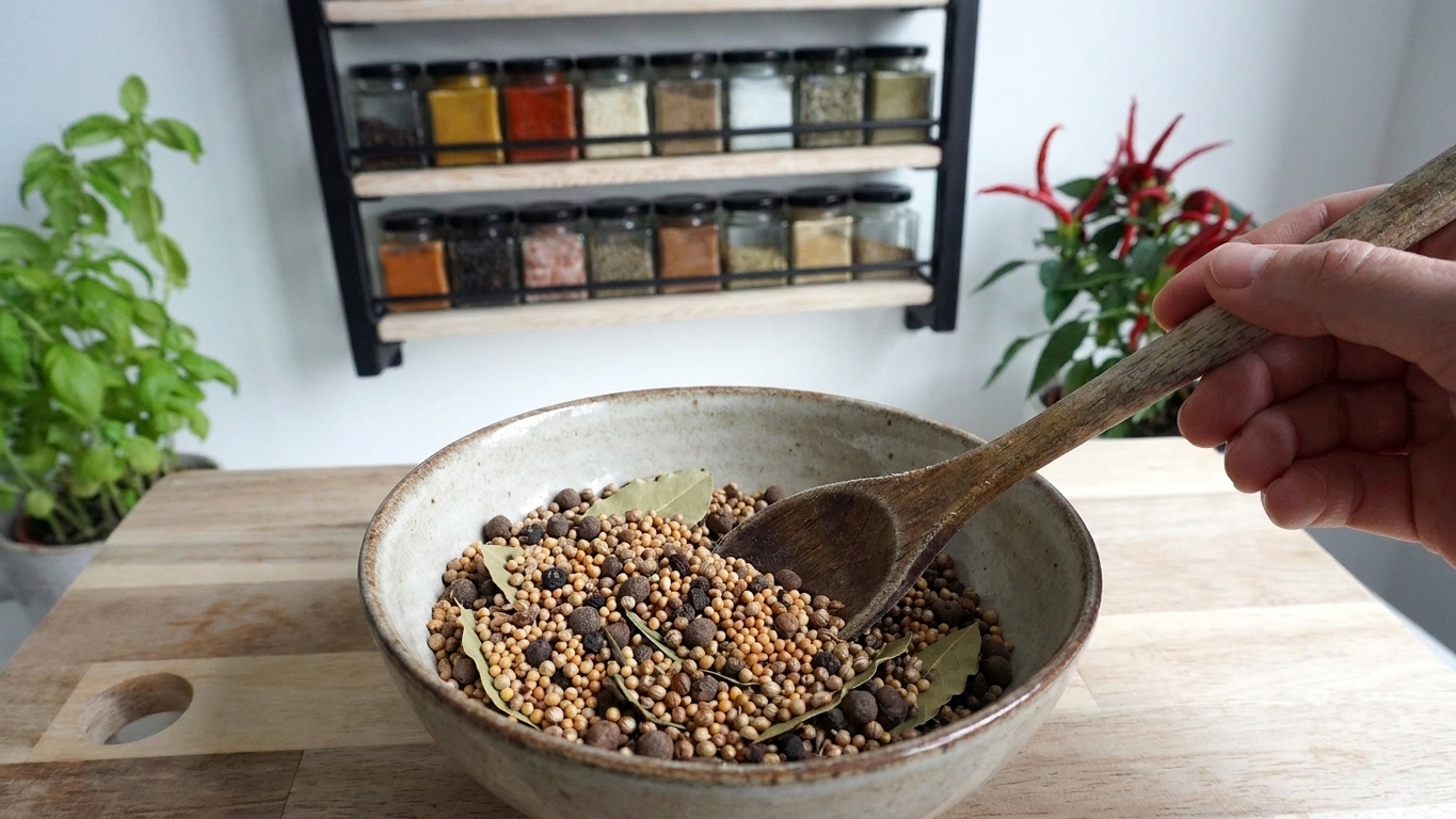 A ceramic bowl of mixed whole pickling spices being stirred with a spoon on a wooden cutting board
