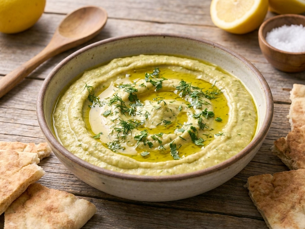 A ceramic bowl of pale green fava bean dip swirled with olive oil and sprinkled with herbs, surrounded by warm pita wedges on a wooden table