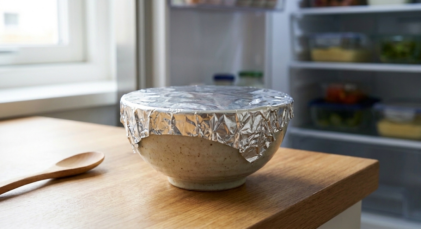 A ceramic bowl of raw egg-and-broth mixture covered tightly with aluminum foil, ready to steam on a kitchen counter