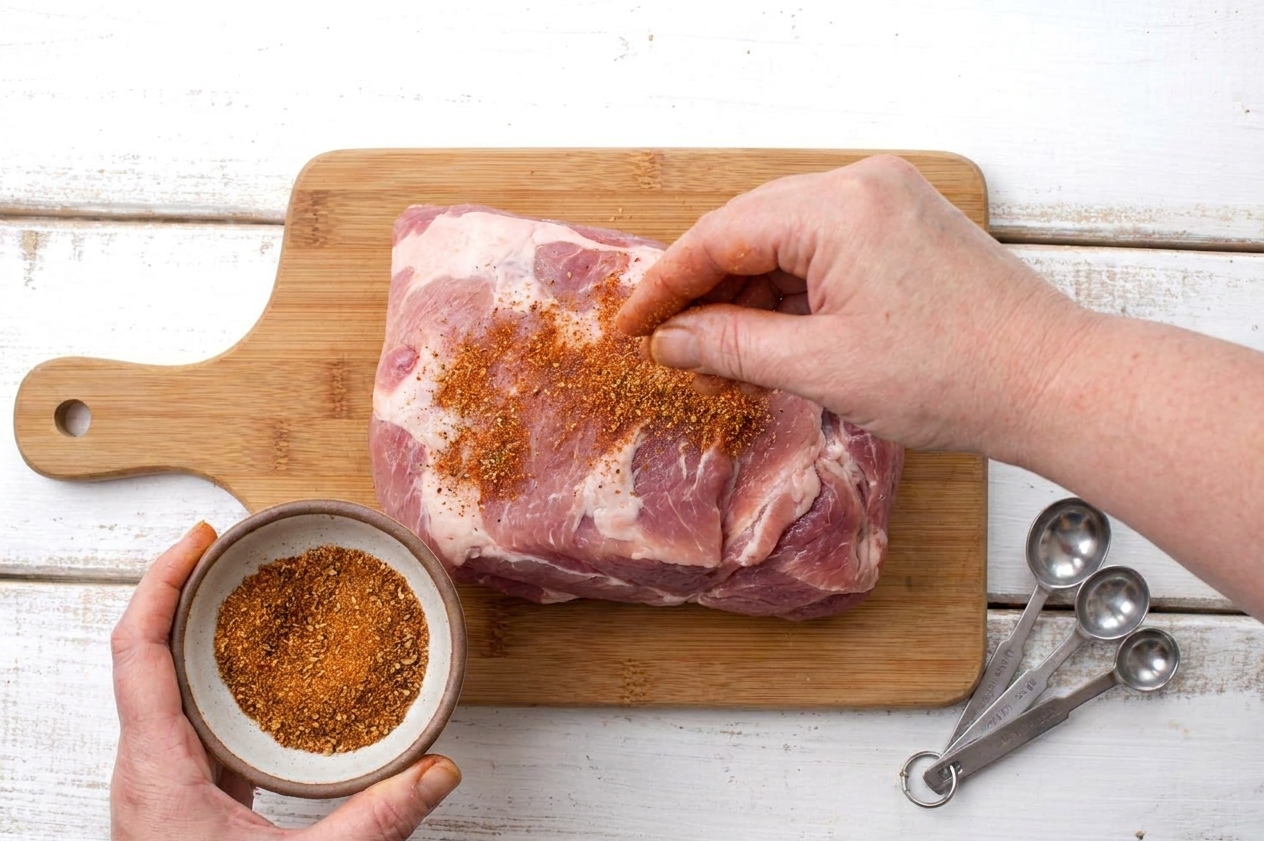 A ceramic bowl of reddish-brown spice rub next to a raw pork shoulder on a cutting board with measuring spoons on a kitchen counter