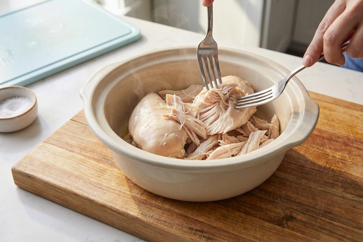 A ceramic bowl of tender cooked chicken being shredded with two forks on a wooden cutting board