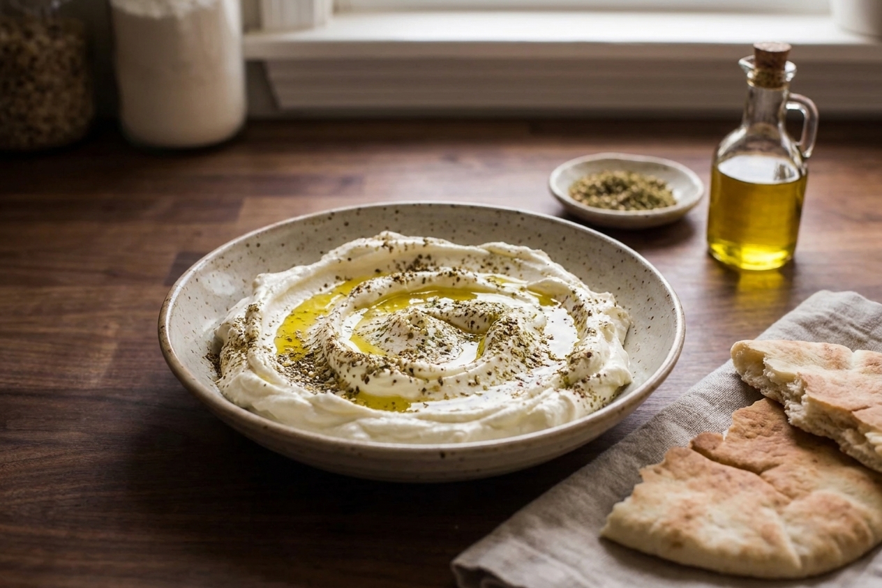 A ceramic bowl of thick homemade labneh swirled into soft peaks, drizzled with olive oil and sprinkled with za'atar on a wooden table with warm pita nearby