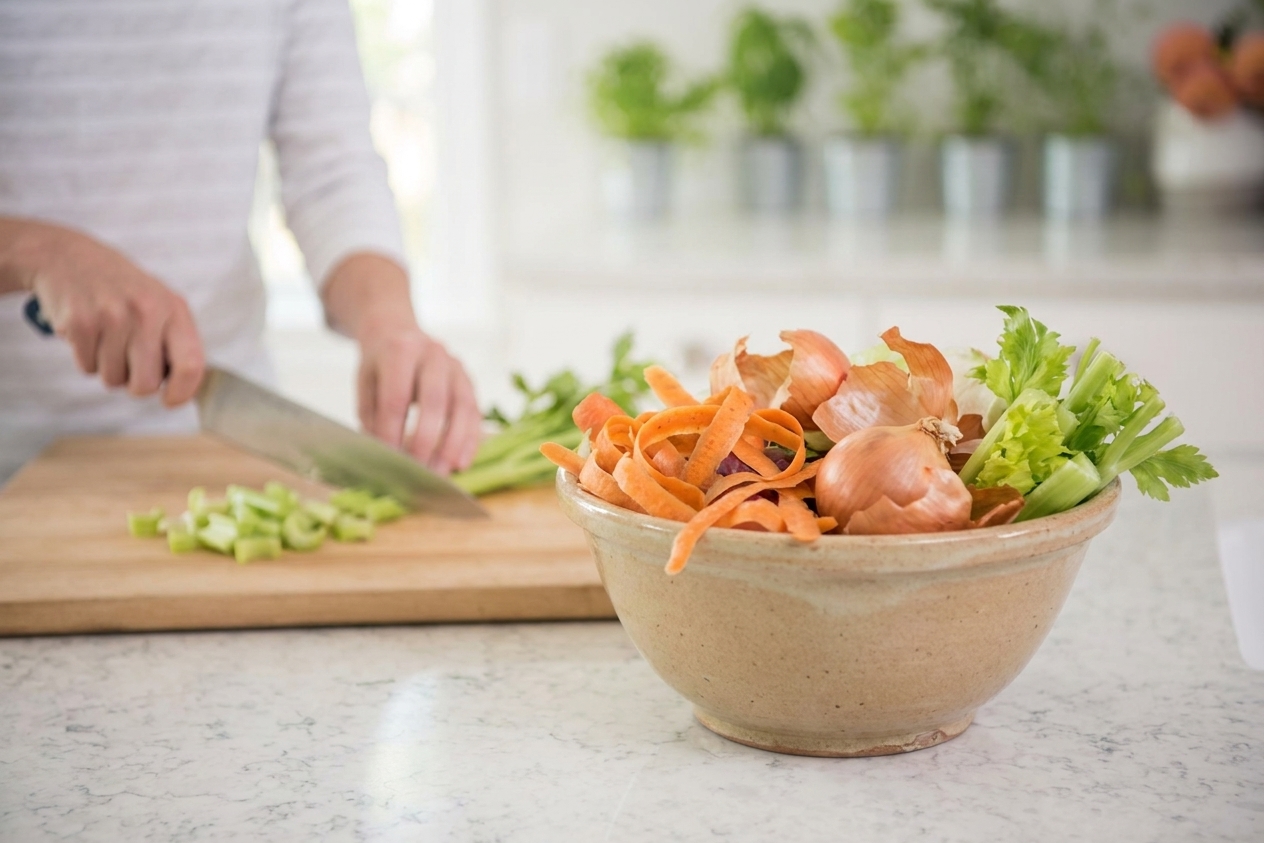 A ceramic bowl on a kitchen counter filled with vegetable scraps like carrot peels, onion skins, and celery ends next to a cutting board