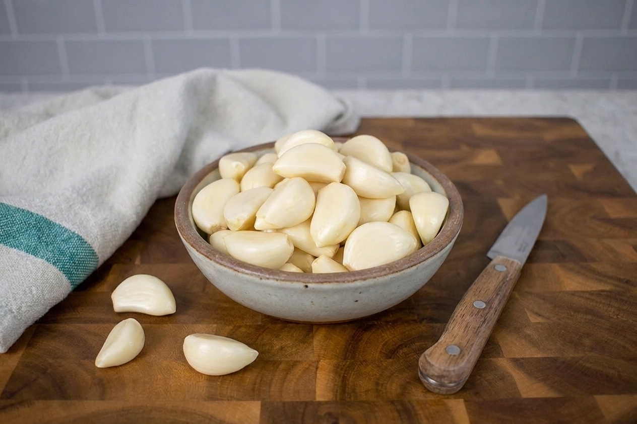 A ceramic bowl piled high with peeled garlic cloves on a wooden cutting board beside a small paring knife